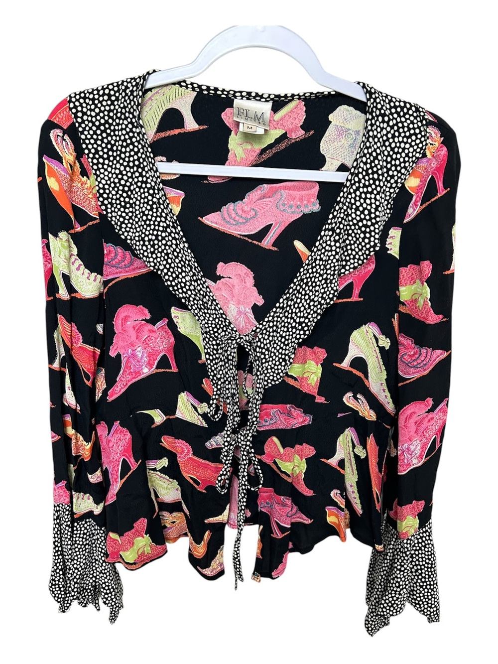 Vintage FLM Limited 90’s Shoe Print Ruffle Flare Sleeve Too Blouse Front Tie